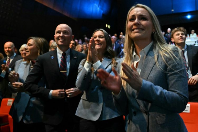 The Salt Lake City delegation including former skier Lindsey Vonn celebrate being awarded the 2034 Winter Olympics. ©AFP