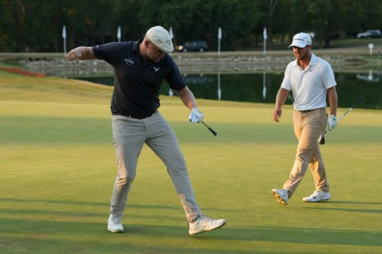 England's Harry Hall reacts after chipping in for birdie to win the PGA Tour ISCO Championship in a sudden-death playoff. ©AFP