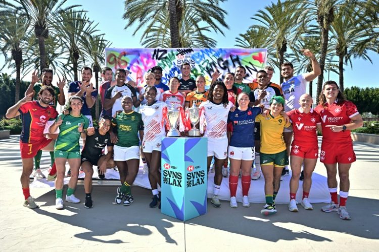 Rugby Sevens team captains pose for a photo before the 2024 Rugby Sevens LA tournament at Dignity Health Sports Park in Carson, California, which will host Olympic rugby sevens in 2028. ©AFP