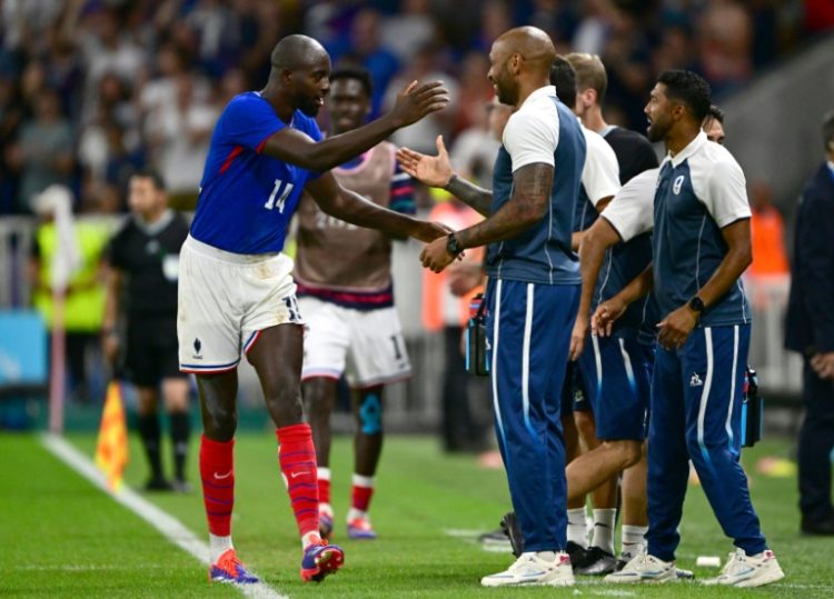 Jean-Philippe Mateta celebrates scoring one of his two goals in France's 3-1 win over Egypt in the Olympic men's football semi-finals. ©AFP