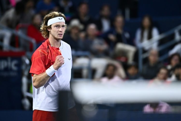 Andrey Rublev celebrates a 6-4, 6-2 victory over Matteo Arnaldi of Italy to reach the ATP Montreal Masters final. ©AFP