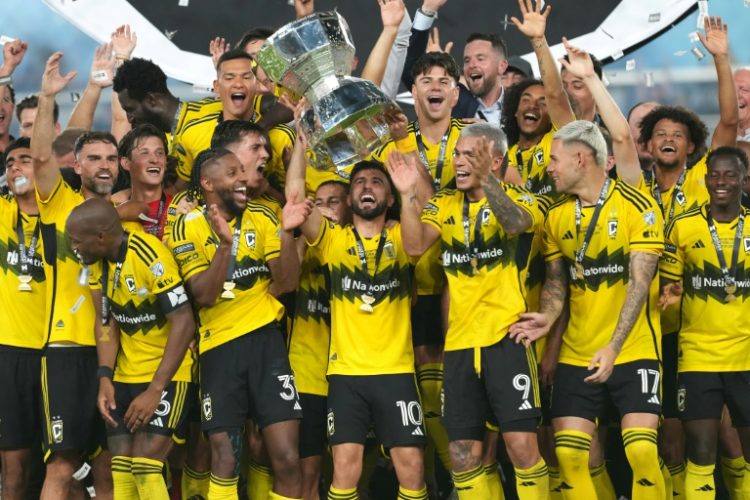 The Columbus Crew lift the Leagues Cup trophy after their 3-1 victory over Los Angles FC in Sunday's final.. ©AFP