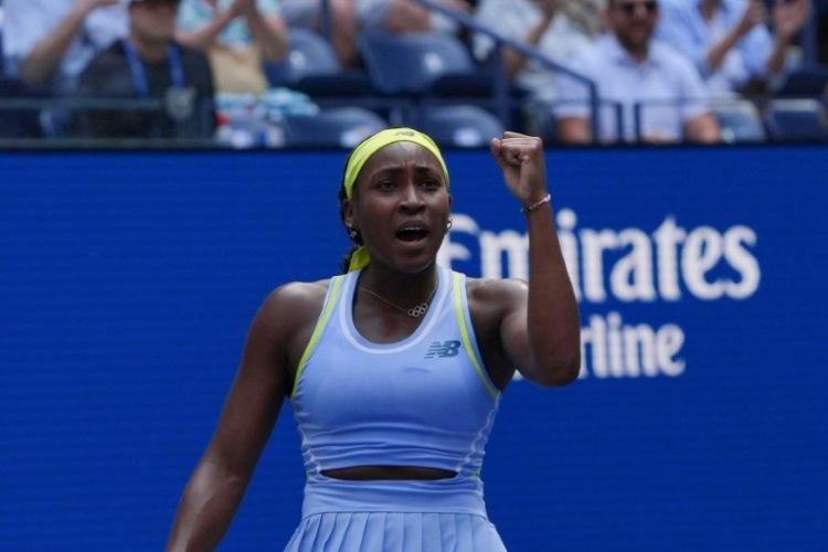 Powering through: Defending champion Coco Gauff celebrates a point in her US Open first-round win over Varvara Gracheva. ©AFP