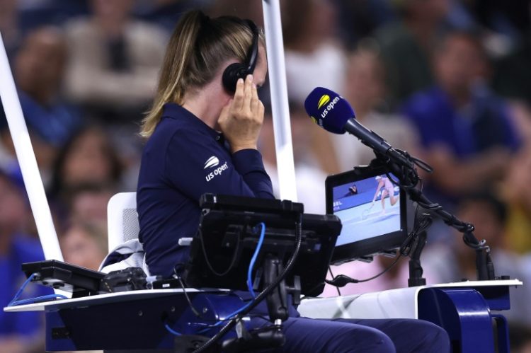 Moment of controversy: Chair umpire Miriam Bley conducts the video review. ©AFP