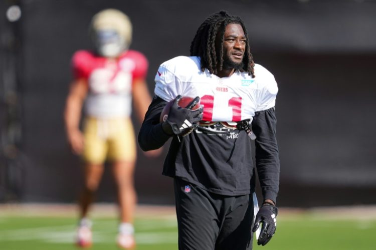 Wide receiver Brandon Aiyuk participates during San Francisco 49ers practice ahead of Super Bowl LVIII at Fertitta Football Complex in February.. ©AFP