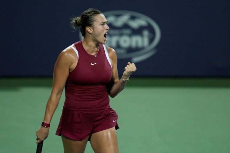 Third-ranked Aryna Sabalenka of Belarus reacts after winning a point in a quarter-final victory over compatriot Victoria Azarenka at the WTA Washington Open. ©AFP