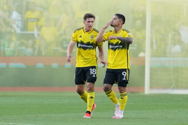 Cucho Hernandez (R) is seen celebrating a goal in July 2024. ©AFP