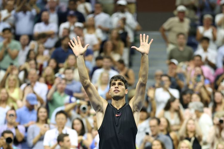 Spain's Carlos Alcaraz celebrates his US Open first-round victory over Li Tu. ©AFP