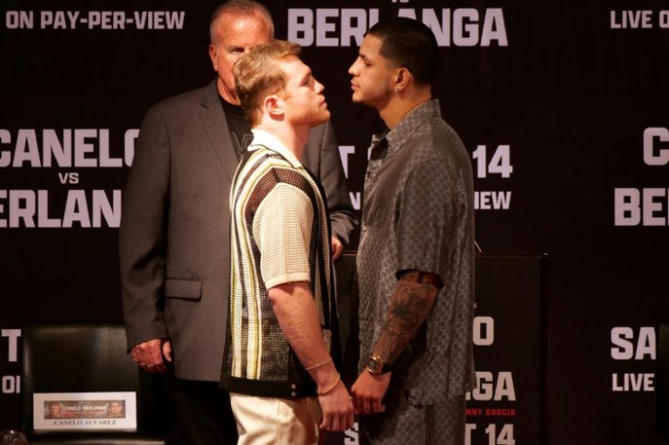 Champion Saul 'Canelo' Alvarez and Edgar Berlanga face off during a press conference to promote their super middleweight world title bout. ©AFP