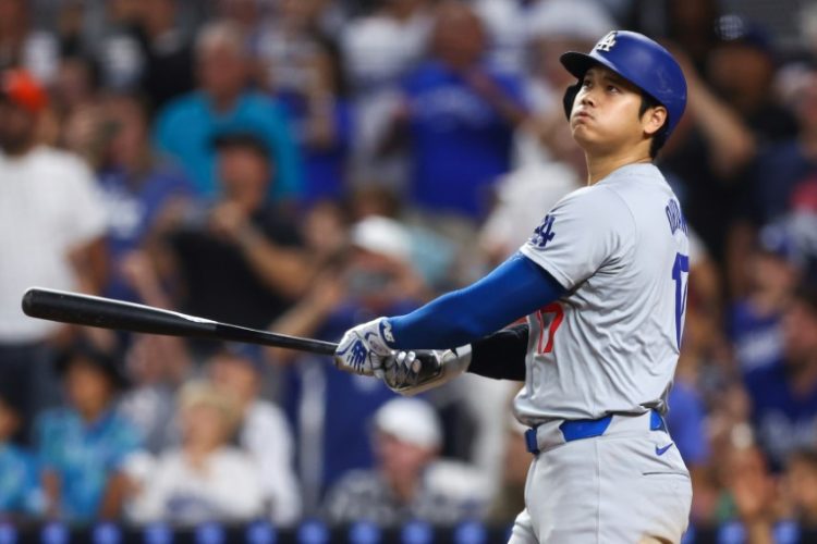 Shohei Ohtani blasts his 50th home run of the season against Miami last week. ©AFP