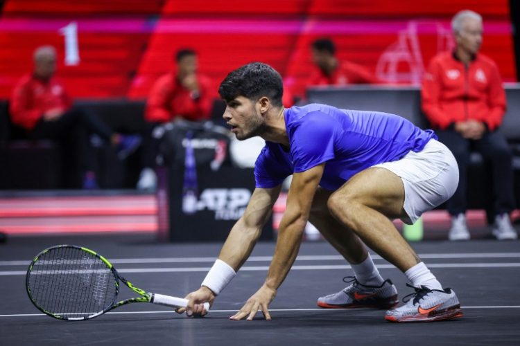 Low point: Carlos Alcaraz on his way to defeat in the doubles at the Laver Cup on Friday . ©AFP