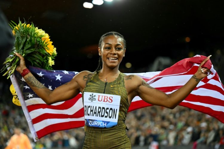 Sha'Carri Richardson celebrates after winning the women's 100m in Zurich. ©AFP