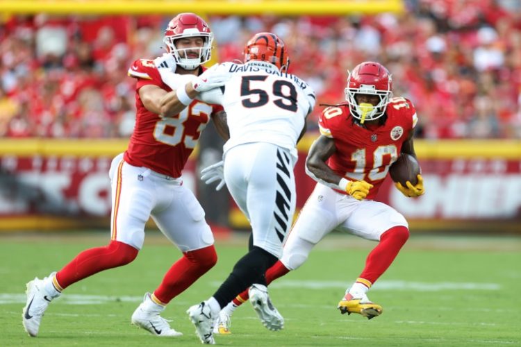 Kansas City running back Isiah Pacheco (10) faces several weeks on the sidelines after suffering a leg fracture in Sunday's win over Cincinnati. ©AFP