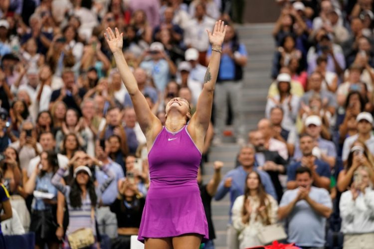 Moment of glory: Aryna Sabalenka reacts after defeating Jessica Pegula in Saturday's US Open final. ©AFP