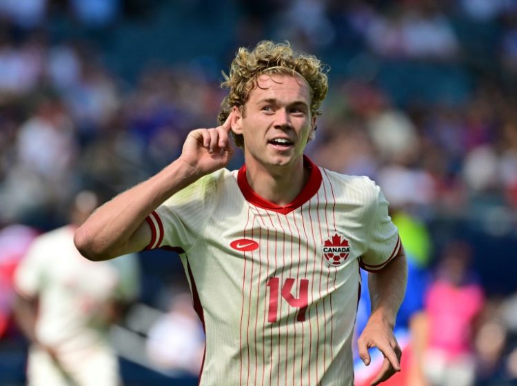 Canada forward Jacob Shaffelburg celebrates his team's opening goal in a 2-1 win over the USA in Kansas City on Saturday. ©AFP