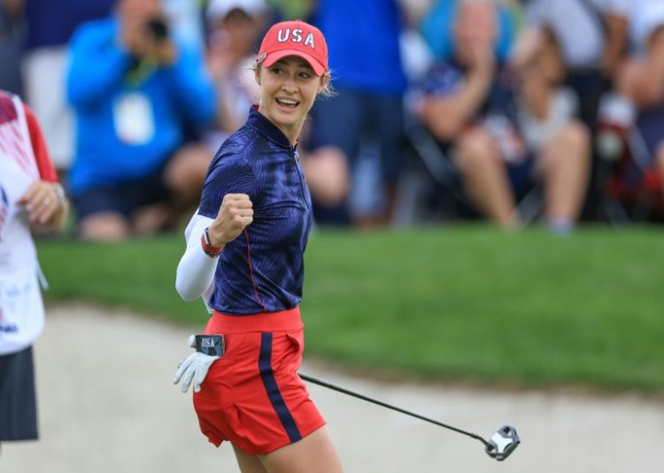 Top-ranked Nelly Korda celebrates an eagle putt to clinch a US four-ball match victory at the Solheim Cup. ©AFP