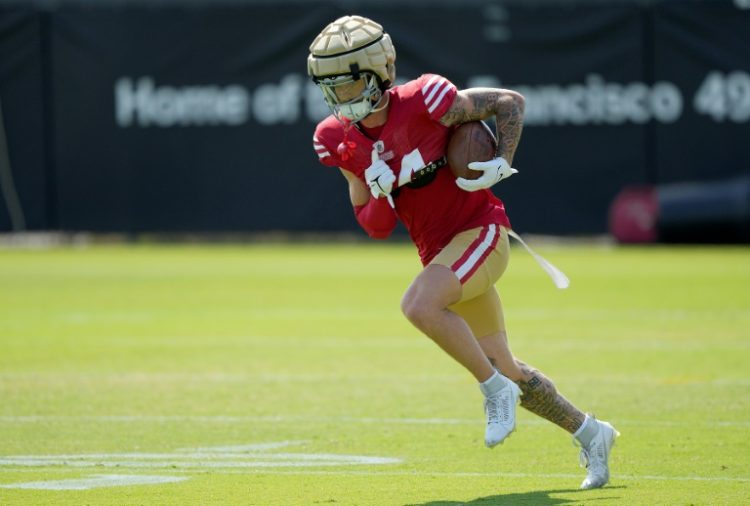 Ricky Pearsall #14 of the San Francisco 49ers works out during training camp at SAP Performance Facility on July 29.. ©AFP