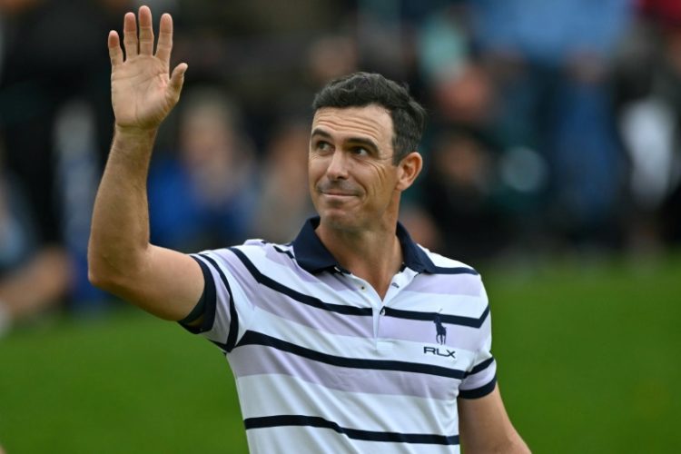 US golfer Billy Horschel celebrates after holing an eagle putt to win the PGA Championship at Wentworth. ©AFP