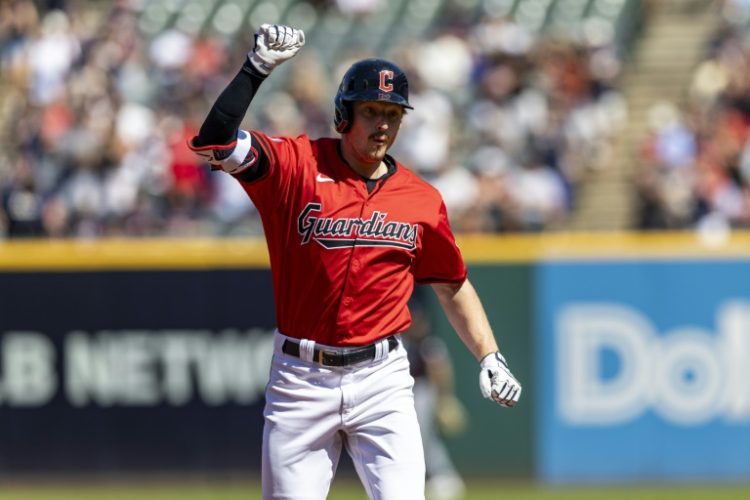 Cleveland's Kyle Manzardo celebrates a home run that helped the Guardians beat Minnesota to clinch a Major League Baseball playoff berth. ©AFP