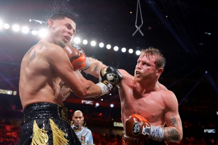 Saul 'Canelo' Alvarez lands a punch on the way to a unanimous decision victory over Edger Berlanga in their super middleweight world title bout. ©AFP