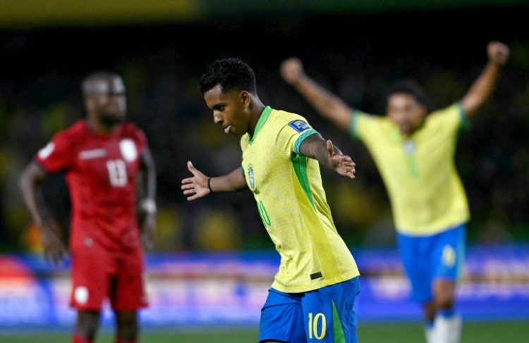 Brazil's forward Rodrygo celebrates his goal in Friday's 2026 World Cup qualifying win over Ecuador. ©AFP