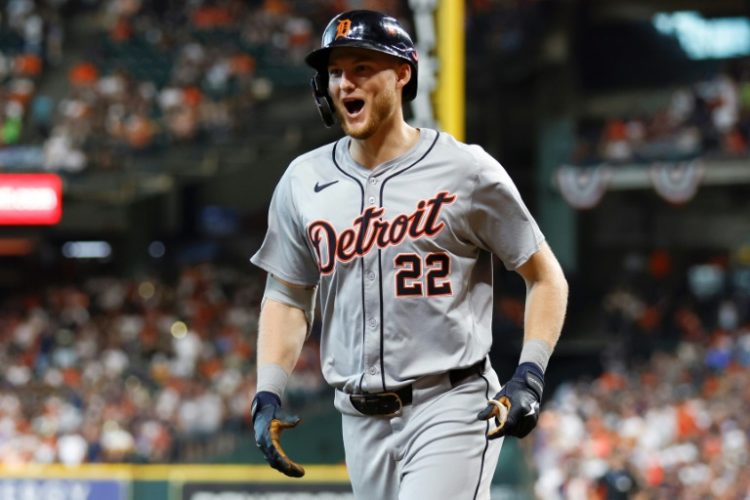 Detroit's Parker Meadows celebrates a home run in the Tigers' Major League Baseball playoff victory at Houston. ©AFP