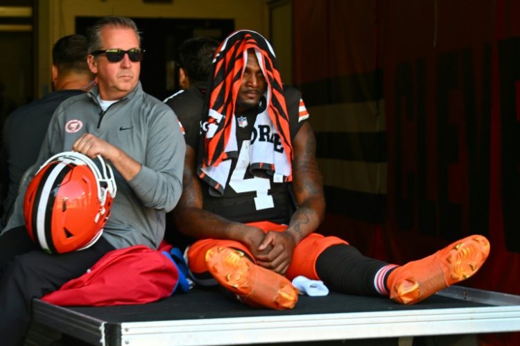 Cleveland quarterback Deshaun Watson is taken off the field after an apparent lower leg injury in an NFL game against Cincinnati. ©AFP