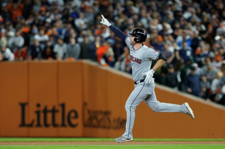 Cleveland's David Fry celebrates a two run home run in the Guardians' series-extending victory over the Detroit Tigers in the Major League Baseball playoffs. ©AFP