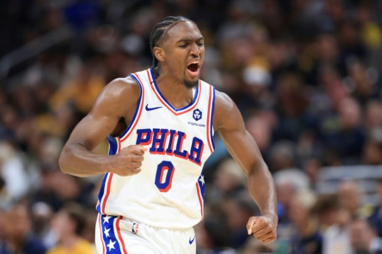 Tyrese Maxey of the Philadelphia 76ers reacts during an NBA victory over the Indiana Pacers. ©AFP