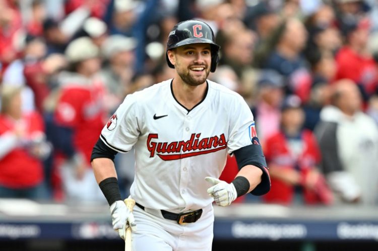 Cleveland's Lane Thomas celebrates after hitting a grand slam home run in the fifth inning for the Guardians against Detroit in the Major League Baseball playoffs. ©AFP