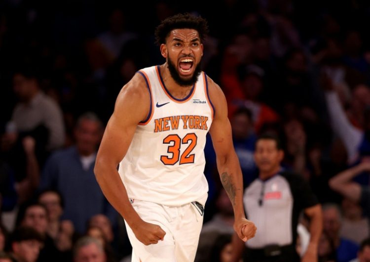 Karl-Anthony Towns of the New York Knicks reacts after a dunk in the first quarter of an NBA victory over the Indiana Pacers. ©AFP