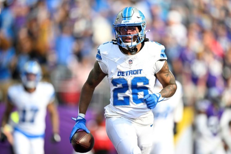 Jahmyr Gibbs ran in two touchdowns for the Detroit Lions in their win against the Minnesota Vikings at U.S. Bank Stadium on Sunday.. ©AFP