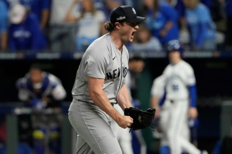 New York Yankees pitcher Gerrit Cole reacts during the seventh inning of a series-clinching win over Kansas City in the MLB playoffs. ©AFP