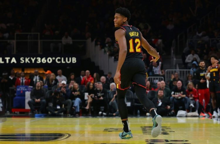 De'Andre Hunter of the Atlanta Hawks reacts after a three-point basket in an NBA victory over the Cleveland Cavaliers. ©AFP